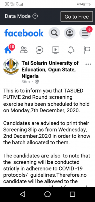 TASUED second batch post UTME screening exercise for 2020/2021 session