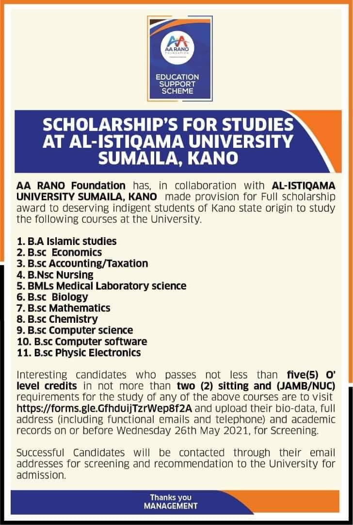 AA RANO Foundation Scholarship 2021 for Kano Indigenes to Study AUSU