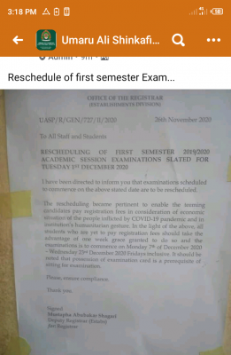 Umar Ali Shinkafi Poly reschedules first semester examination for 2019/2020 academic session