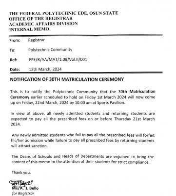 Fed Poly Ede notification of 30th matriculation ceremony