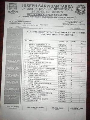 FUAM SUG notice on opening of hostel for concerned students