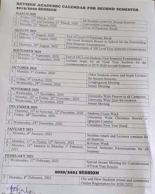 COOU revised academic calendar for the 2019/2020 session