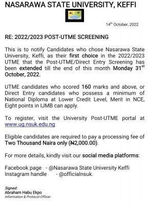 NSUK extends Post-UTME registration deadline, 2022/2023