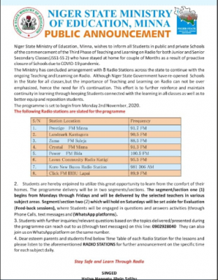 Niger State Ministry of Education notice on commencement of radio classes