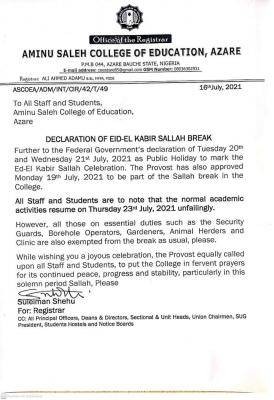 Aminu Saleh College of Education announces Sallah Break