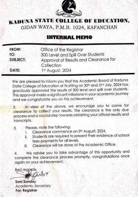 Kaduna State COE notice to 300L & spill over students