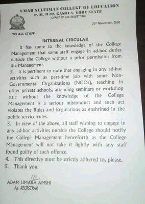 Umar Suleiman College of Education notice to college staff