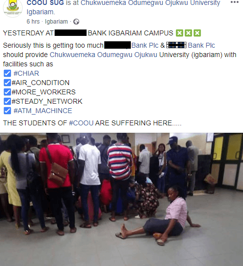 COOU Students Pictured Sitting on the Floor of a Bank on Campus, Due to Lack of Chairs for Customers