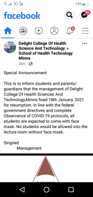 Delight College of Health Science and Technology notice on resumption