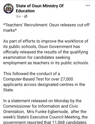 Osun State Ministry of Education announces cut-off marks for teachers' recruitment