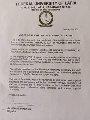 FULAFIA notice on COVID-19 protocols as school resumes