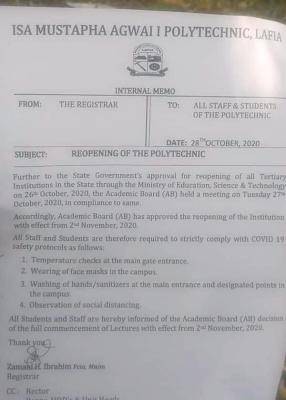 Isa Mustapha Agwai Polytechnic announces resumption date