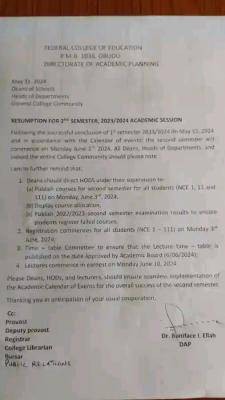 FCE Obudu notice on resumption of second semester, 2023/2024 session