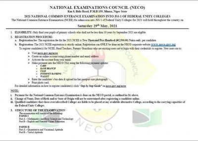 NECO announces 2021 National Common Entrance Exam form for admission into unity Schools