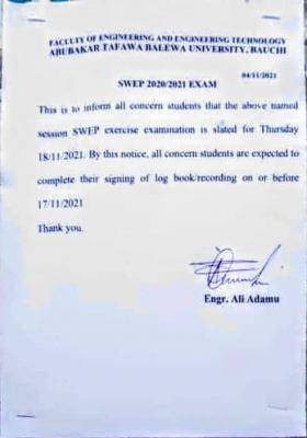 ATBU Faculty of Engineering notice on SWEP examination, 2020/2021