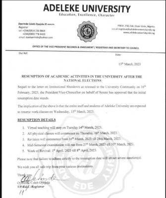 Adeleke University notice of resumption of academic activities