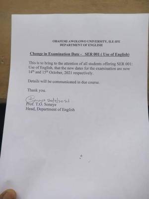 OAU English Language department reschedules SER001 examination