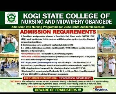 Kogi College of Nursing & Midwifery, Obangede releases Nursing form, 2023/2024