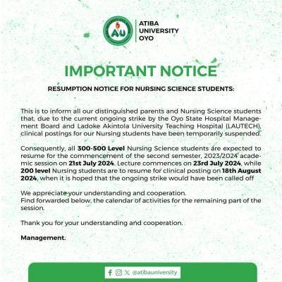 Atiba University notice of 300-500 Level Nursing Science students resumption.