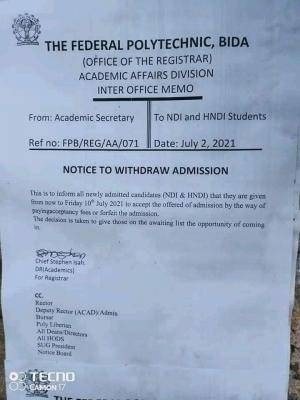 Fed Poly, Bida notice on deadline for acceptance of 2020/2021 admissions