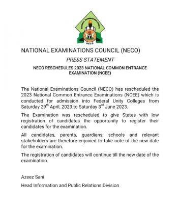 NECO reschedules 2023 National Common Entrance Exam (NCEE)