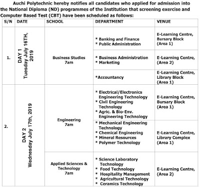 Auchi Poly PostUTME Screening TimeTable 20192020 ND FullTime