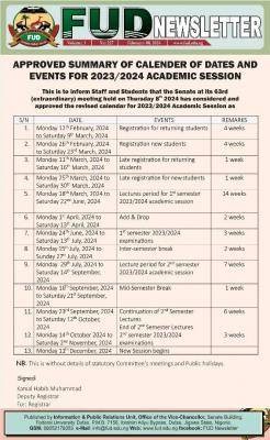 FUDutse approved summary of revised calendar, 2023/2024