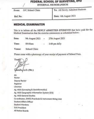 FSS Oyo notice to new students on medical examination