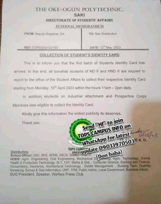 TOPS notice on collection of students' ID cards