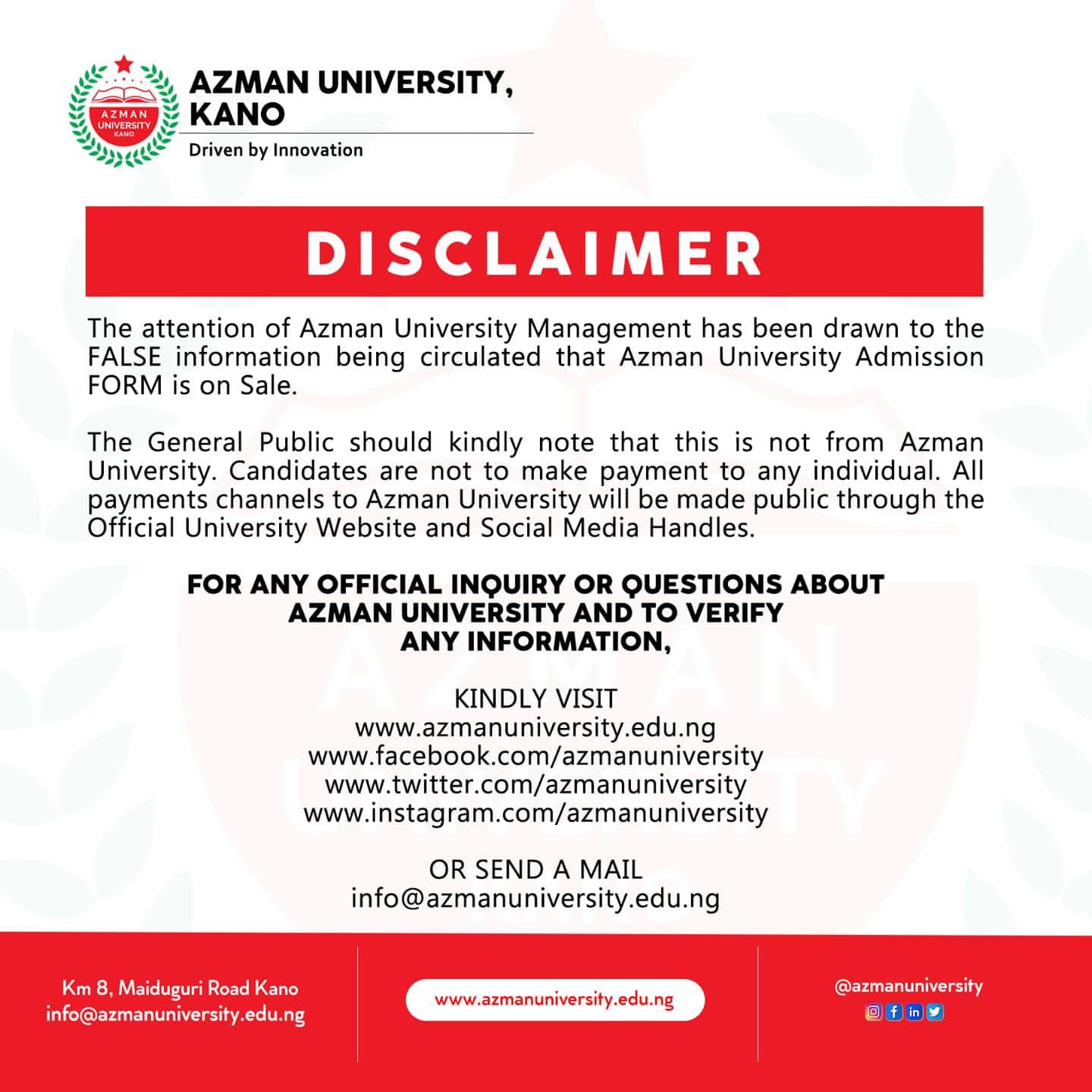 Azman University Kano Dislaimer 2023