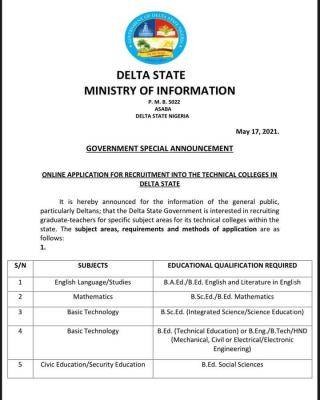 Delta State announces teachers' recruitment for its Technical Colleges