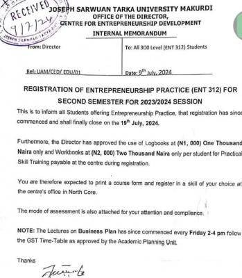 Joseph Sarwuan Tarka University notice on registration of ENT 312 for 2nd semester, 2023/2024