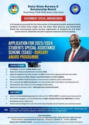 Delta State Bursary and Scholarship Award application form, 2023/2024