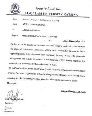 Al Qalam University notice on resumption