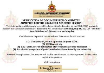 LAUTECH notice to new students on verification of documents, 2020/2021