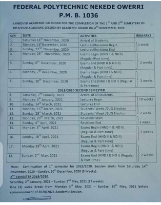 NEKEDEPOLY revised academic calendar for 2019/2020 session 