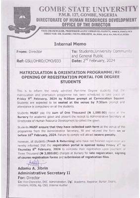 GOMSU matriculation & orientation programme/re-opening of registration portal for degree students