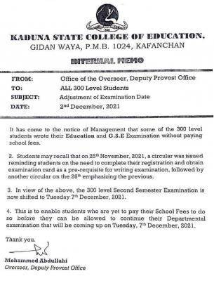 Kaduna COE notice to all 300L level students