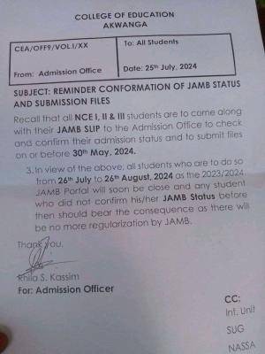 COE Akwanga notice on confirmation of Jamb status & submission of files