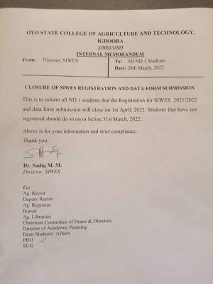 OYSCATECH notice on closure of SIWES registration