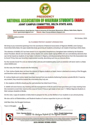 NANS Bans DELSU SUG President from students' gatherings