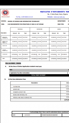 Skyline University school fees schedule for 2020/2021