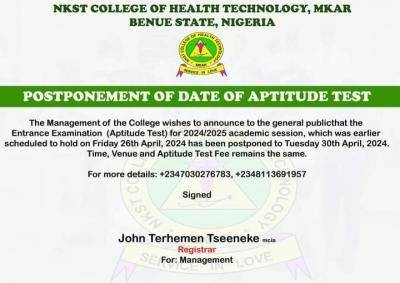 NKST college of health postpones aptitude test date