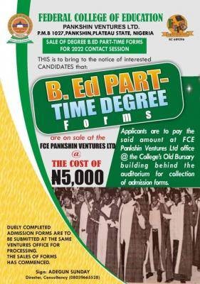 FCE Pankshin degree B.ED part-time forms for 2022 contact session