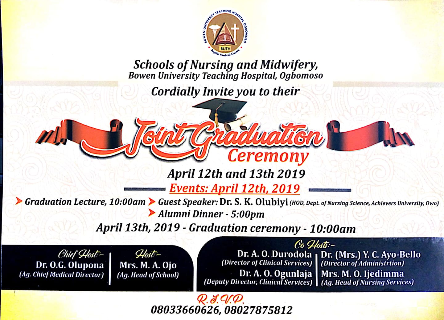 BUTH School of Nursing & Midwifery Graduation Ceremony Schedule 2019