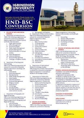 Igbinedion University HND-BSC conversation programme for 2020