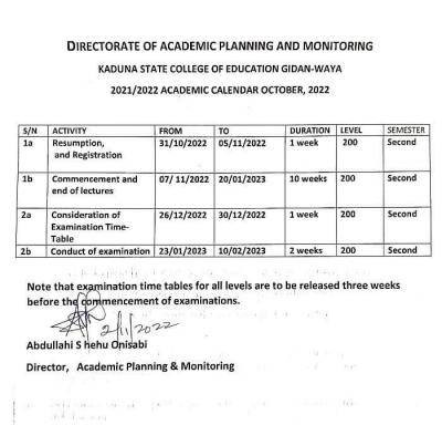 Kaduna State College Of Education approved academic calendar, 2021/2022