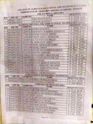 College of Agriculture, Science and Technology, Lafia Pre-ND & ND 3rd admission lists, 2020/2021