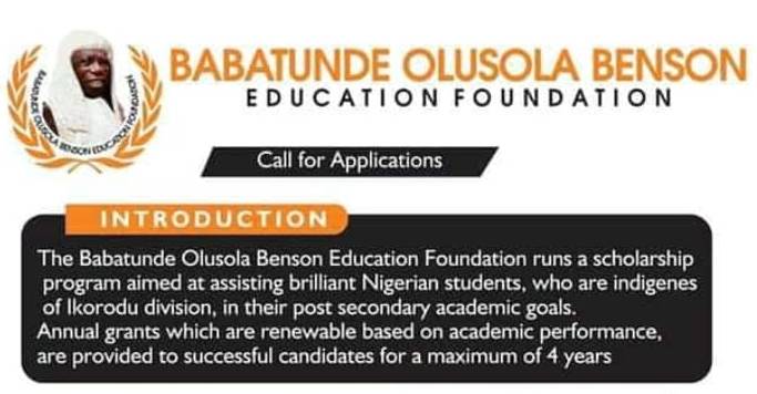 Babatunde Olusola Benson Education Foundation Scholarship 2021/2022