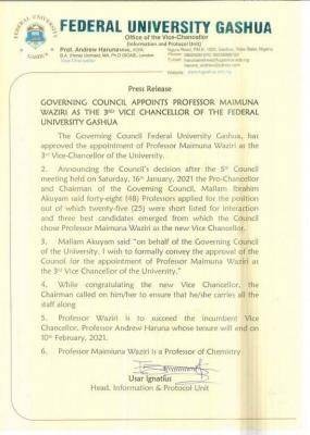 FUGASHUA appoints Professor Maimuna Waziri as the 3rd Vice-Chancellor of the University.